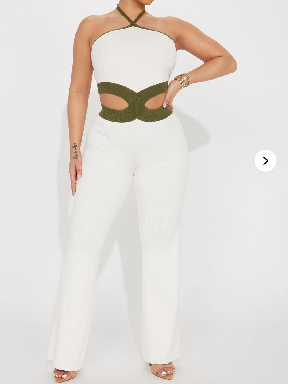 White & Olive Cutout Halter Jumpsuit